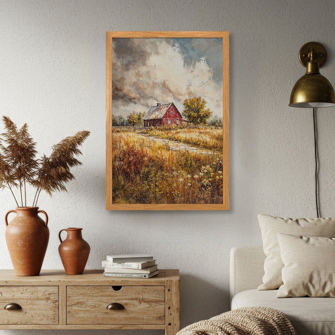 Framed Poster of a rustic red barn landscape painting. Warm color palette with autumn tones, perfect for cozy decor.