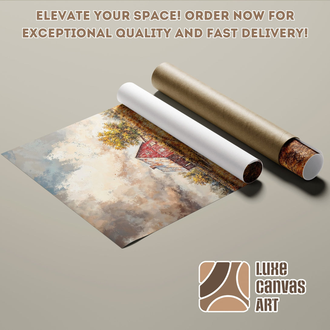 Poster Roll featuring a rustic barn landscape in warm, earthy tones. Perfect art for any space! Order yours today!