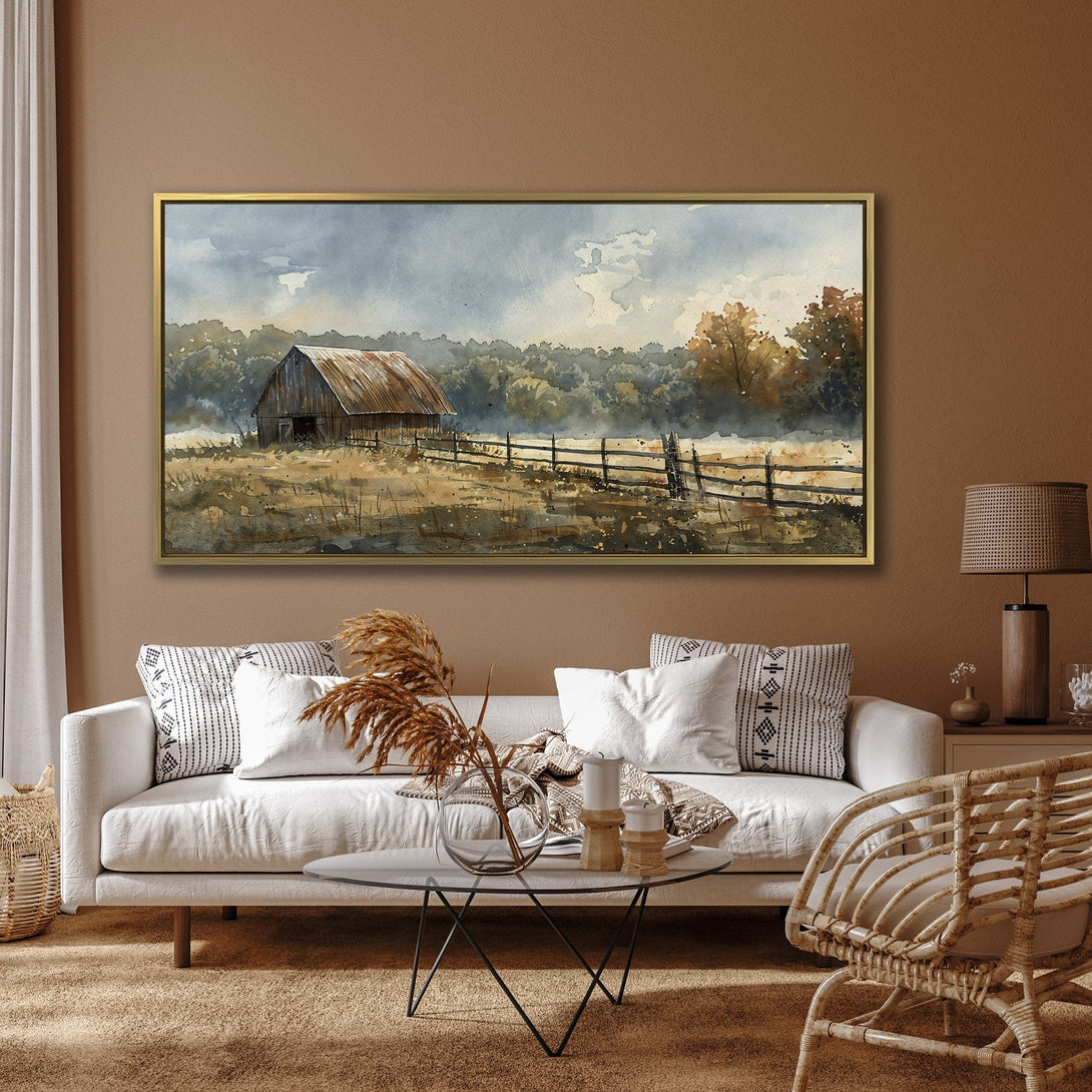 Canvas Print of a watercolor barn scene with muted earth tones. Rustic farmhouse art, perfect for adding warmth to your home decor.