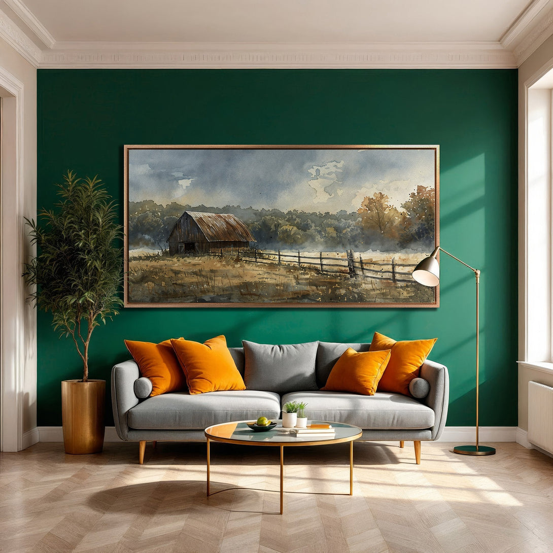 Framed Wall Art: Watercolor barn scene in neutral tones. Adds rustic charm to any space. Earthy palette complements the interior's green wall and orange accents.