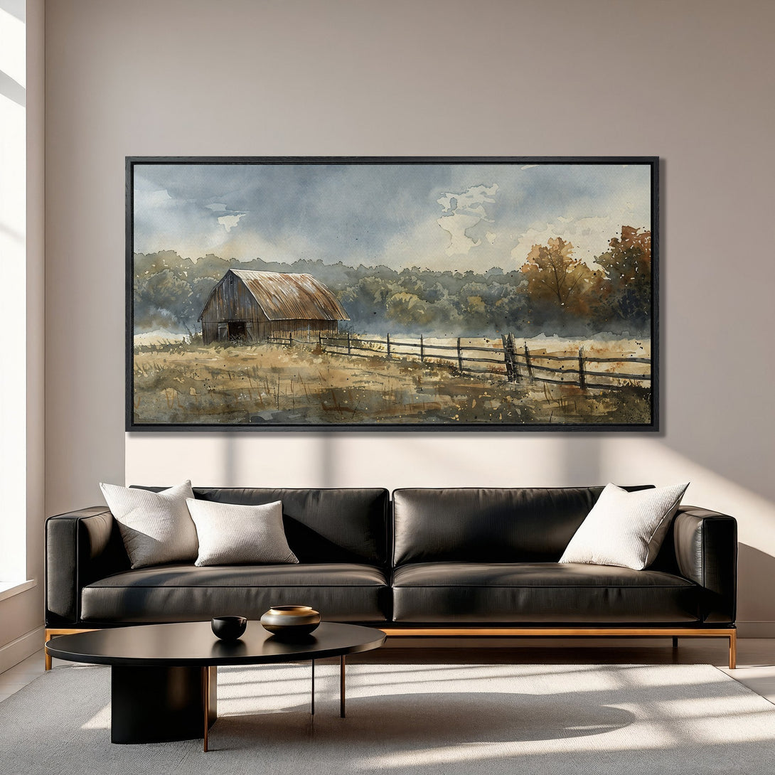 Framed Wall Art: Watercolor barn landscape in neutral tones. Rustic farmhouse style canvas print perfect for living room decor.