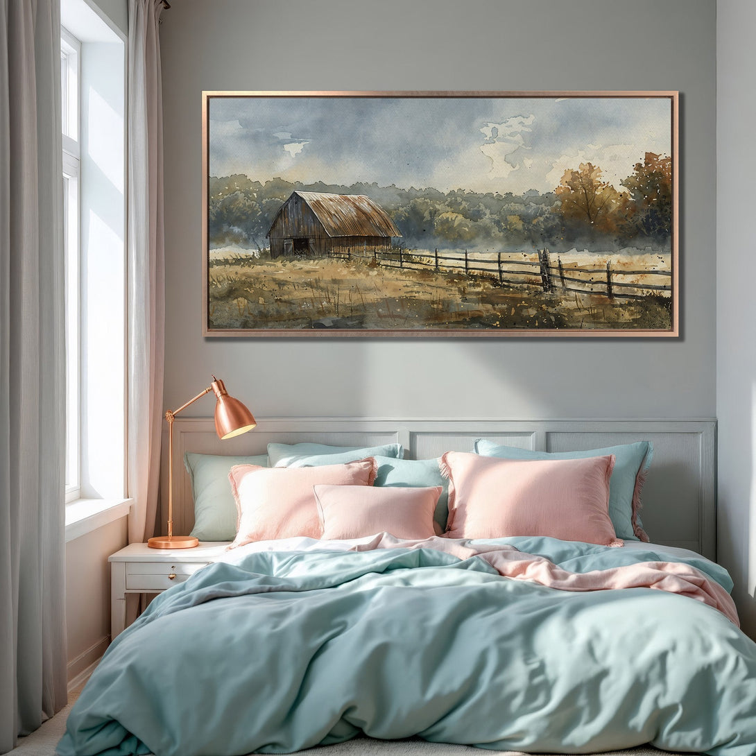 Framed Wall Art: Watercolor barn scene in muted earth tones. Rustic farmhouse style Canvas Print adds cozy charm to any bedroom.