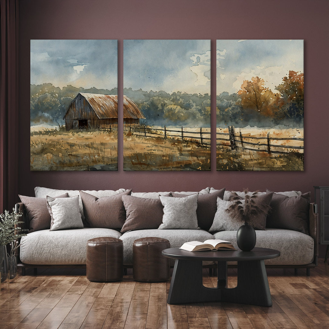 Canvas Print: Watercolor barn landscape in earthy tones. Rustic wall art perfect for living room decor.