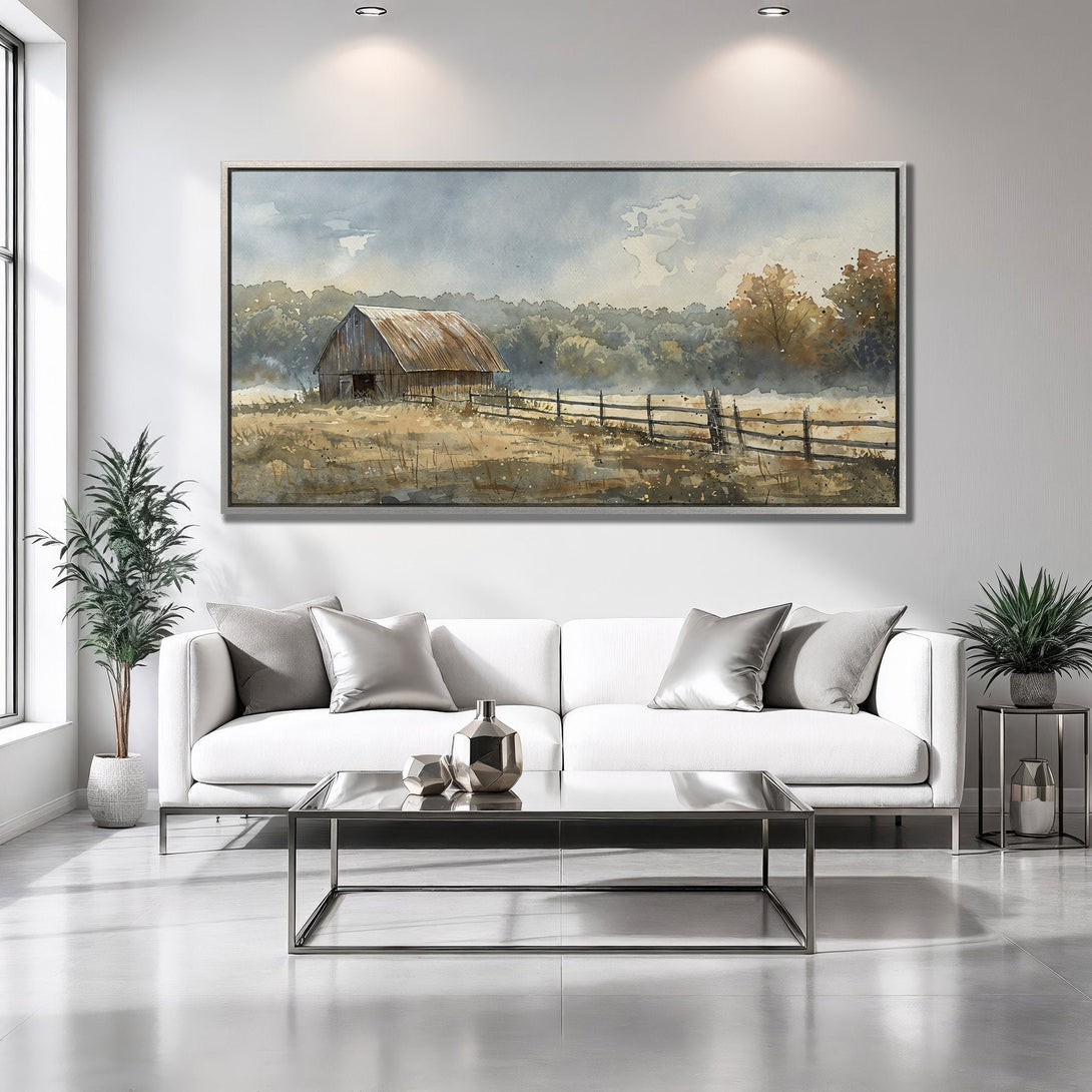 Framed Wall Art: Watercolor barn scene in neutral tones. Rustic farmhouse style art for living room decor. Earthy color palette.