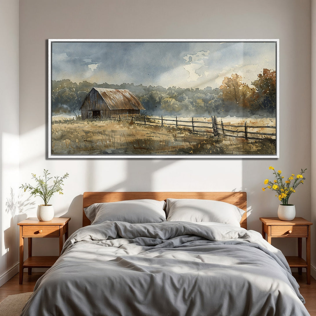 Framed Wall Art: Watercolor barn scene in neutral tones. Add rustic charm with this Canvas Print featuring a serene landscape and a farmhouse aesthetic.