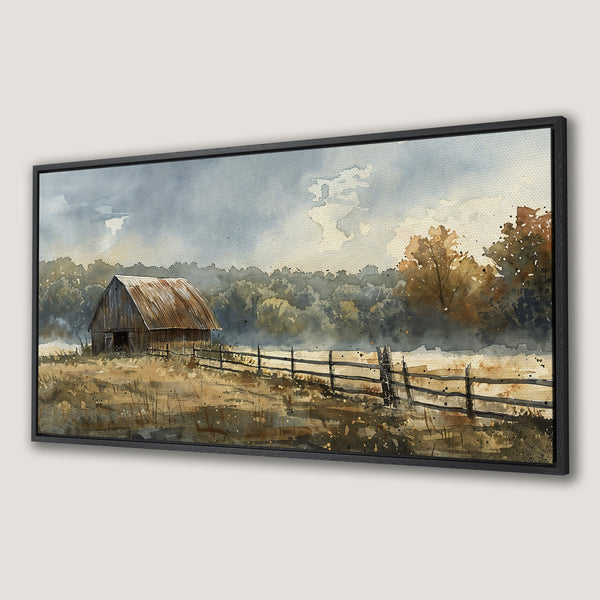 Framed Wall Art: Watercolor barn scene in muted earth tones. Rustic landscape Canvas Print adds a touch of country charm to any space.