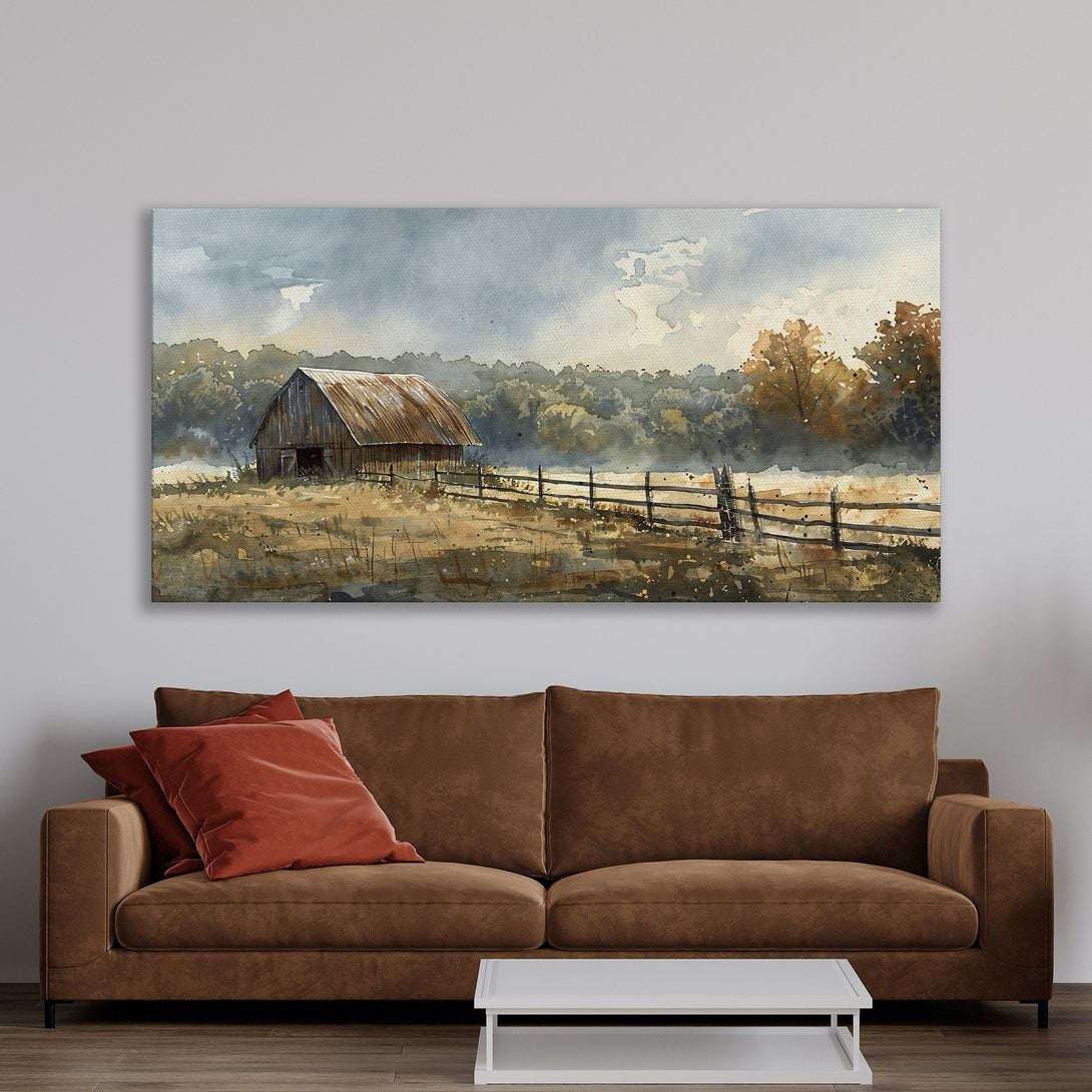 Framed Wall Art: Watercolor barn scene in warm earth tones. Rustic landscape art perfect for adding a touch of farmhouse charm to your home.