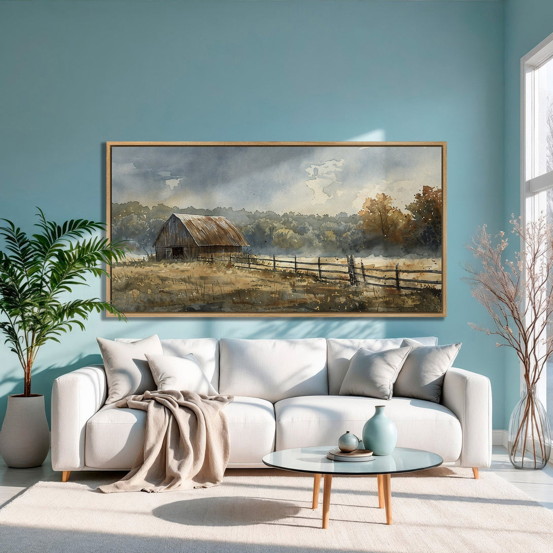 Framed Wall Art: Watercolor barn scene in warm earth tones. Rustic landscape Canvas Print adds cozy charm to any living room.