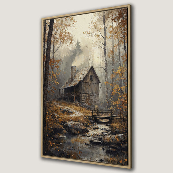 Framed Wall Art: Rustic cabin in a misty forest. Warm autumn color palette with golds, browns, and greens. Perfect for adding cozy charm to any space.