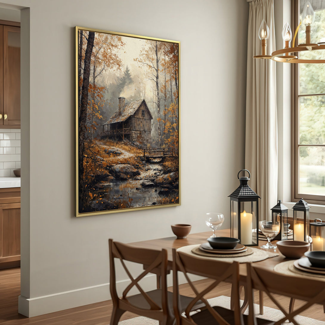 Canvas Print of a serene cabin in a forest, featuring a muted, earthy color palette. Rustic style wall art perfect for cozy interiors.