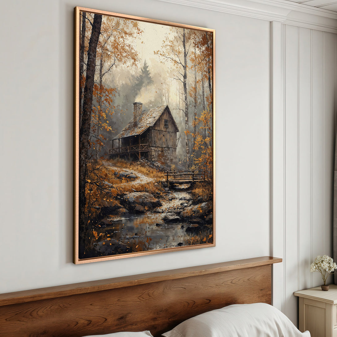Framed Wall Art: Rustic cabin scene in warm autumn tones. Landscape Canvas Print with a cozy, painterly style. Perfect for bedroom decor.
