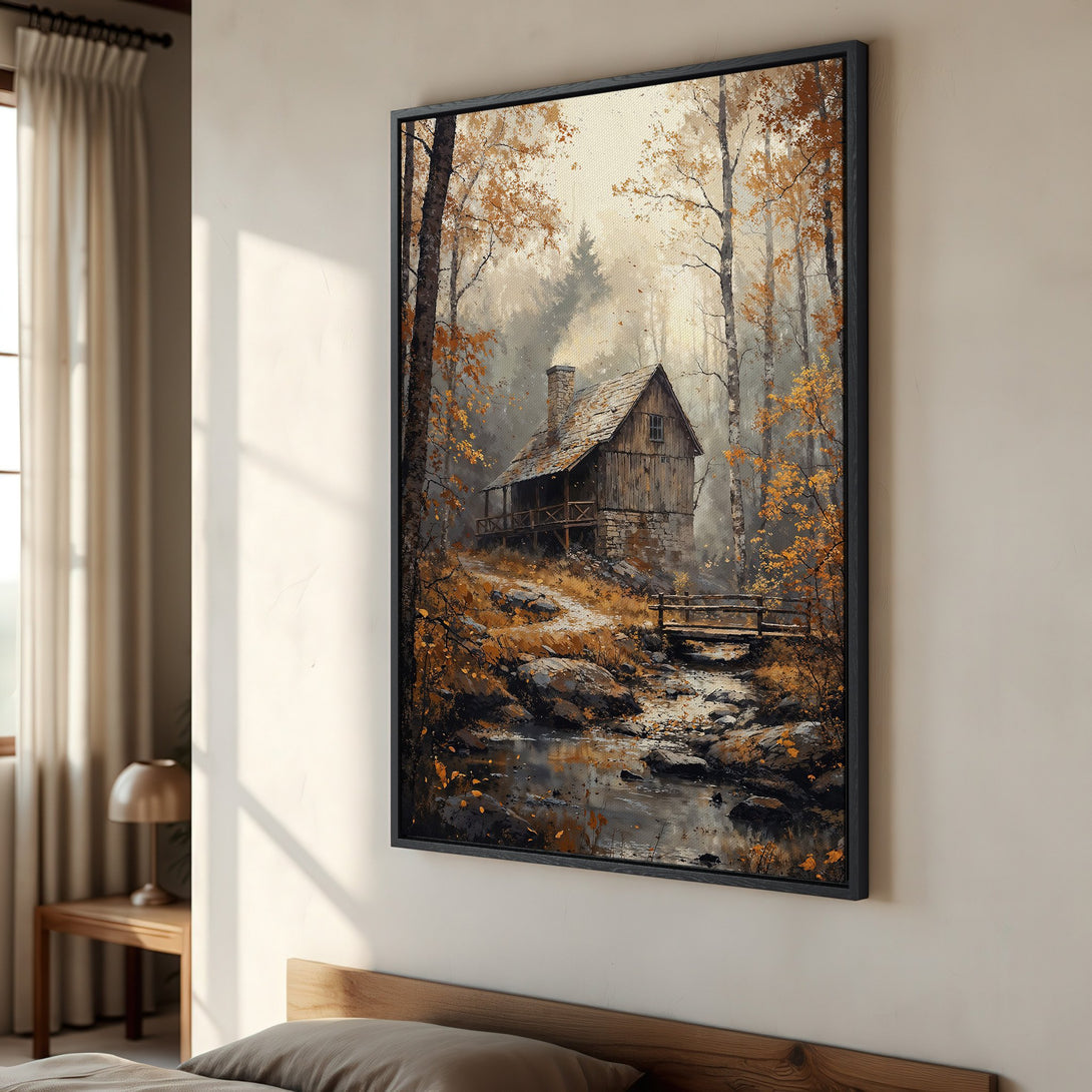 Framed Wall Art: Rustic cabin in an autumn forest. Warm, earthy tones create a cozy, inviting atmosphere. Perfect for adding a touch of nature to your home.