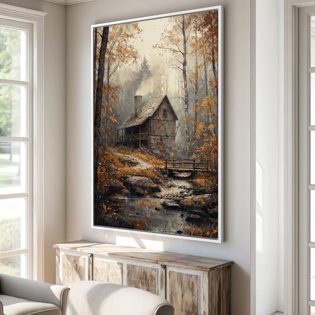 Framed Wall Art: Rustic cabin in autumn forest. Warm, inviting color palette of browns and oranges. Perfect for cozy home decor.
