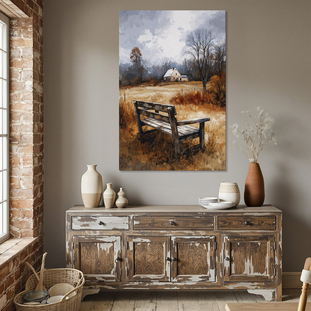 Framed Wall Art of a rustic landscape with a bench, warm autumn tones. Perfect for cozy home decor.