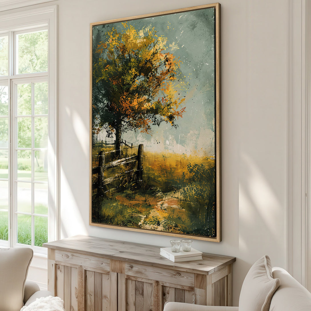 Framed Wall Art featuring an abstract landscape with a tree and fence. Warm, earthy color palette. Perfect for adding a touch of nature to your home.