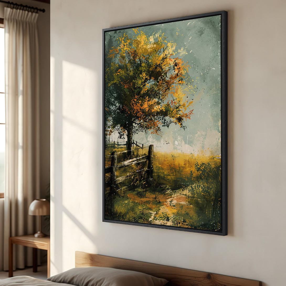 Framed Wall Art of a tree and fence landscape in an impressionist style with a warm, autumnal color palette. Perfect for home decor.