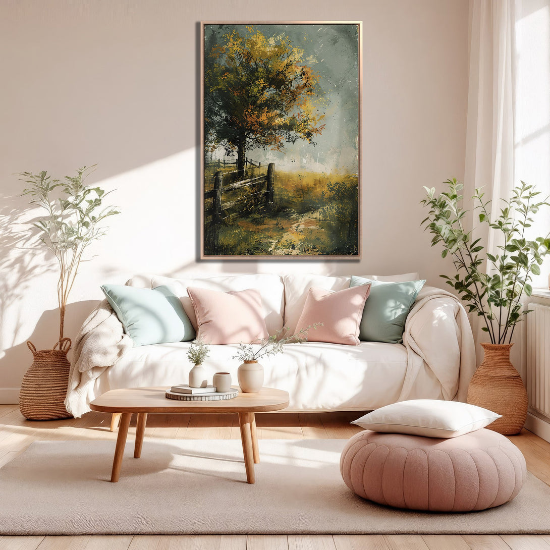 Framed Wall Art: Rustic landscape painting with warm yellow and green hues. Perfect for adding a touch of nature and style to your living room.