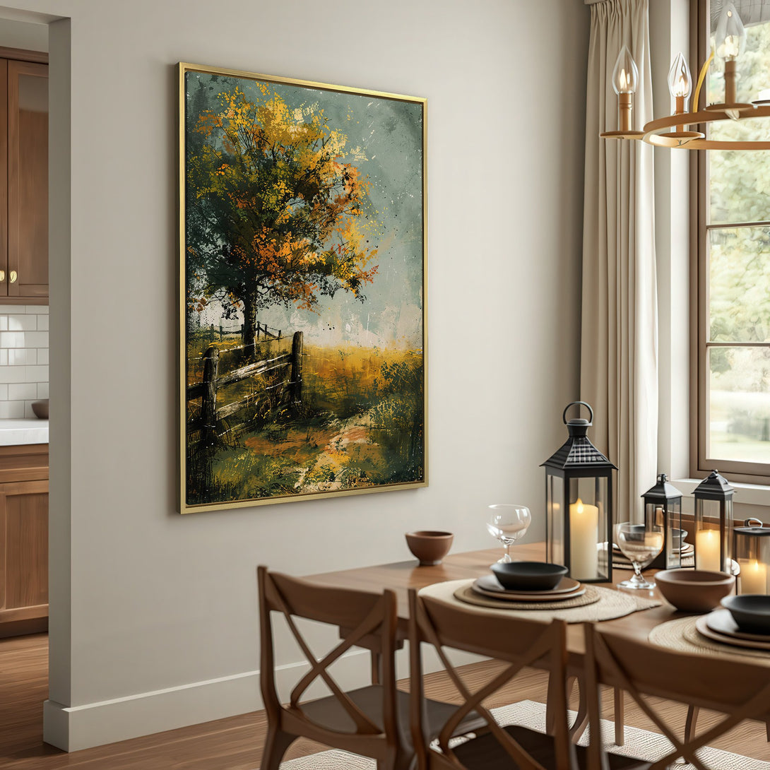 Canvas Print of a tree and fence landscape in warm earth tones, perfect for rustic home decor.