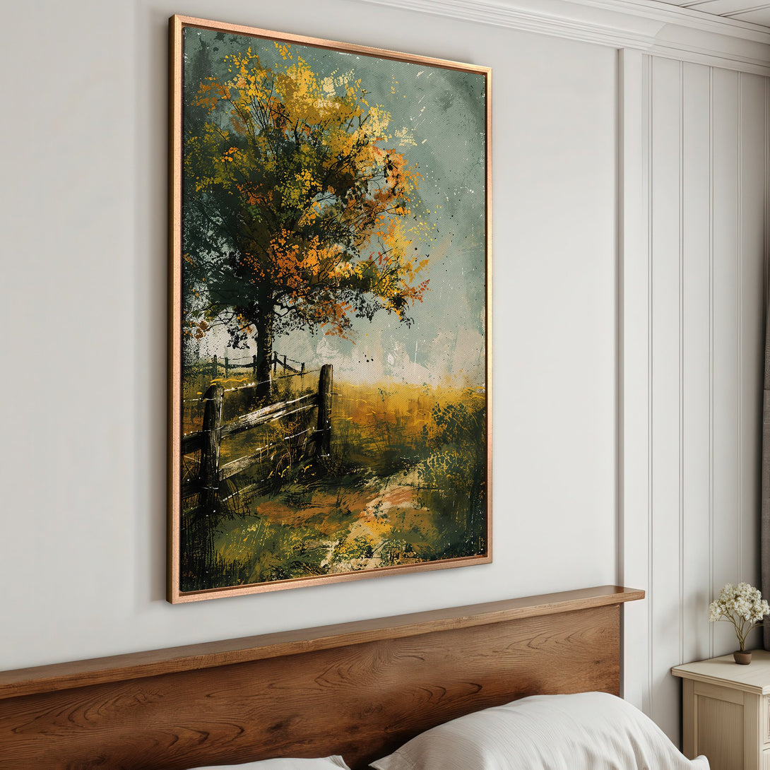 Framed Wall Art: Autumn landscape Canvas Print with a tree and fence. Warm yellow, green, and brown color palette. Perfect for living room or bedroom decor.