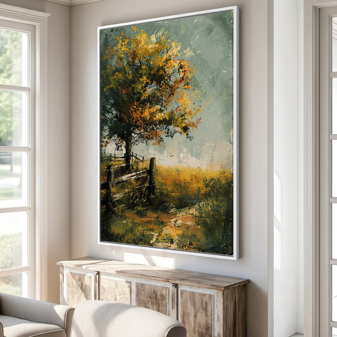 Framed Wall Art featuring an autumn landscape painting with a tree and fence, in a warm, earthy color palette. Perfect for adding rustic charm to your home.