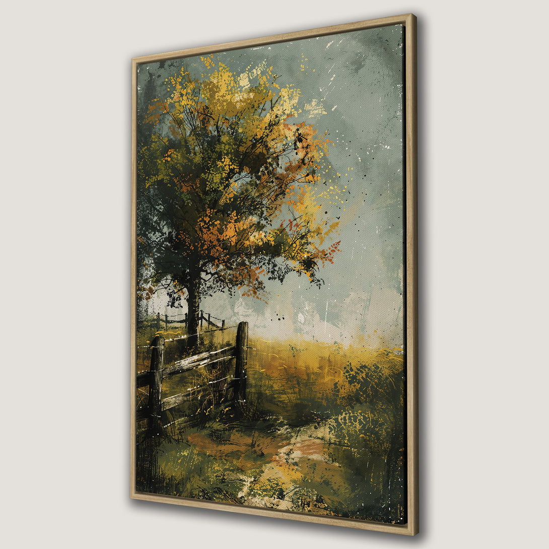 Framed Wall Art: Abstract landscape Canvas Print with a tree, fence, and warm color palette of greens, yellows, and browns. Perfect for adding a touch of nature.