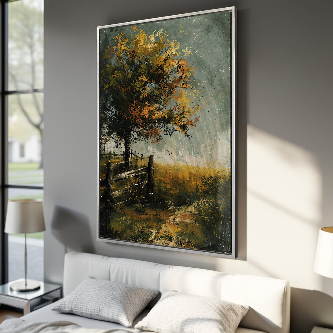 Framed Wall Art featuring a rustic landscape painting. Earthy tones of gold, green, and brown create a warm, inviting ambiance. Perfect for home decor!