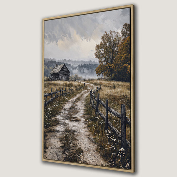 Framed Wall Art: Rustic landscape canvas print featuring a cabin on a dirt road, warm earthy tones, and a vintage aesthetic. Perfect for cozy decor.