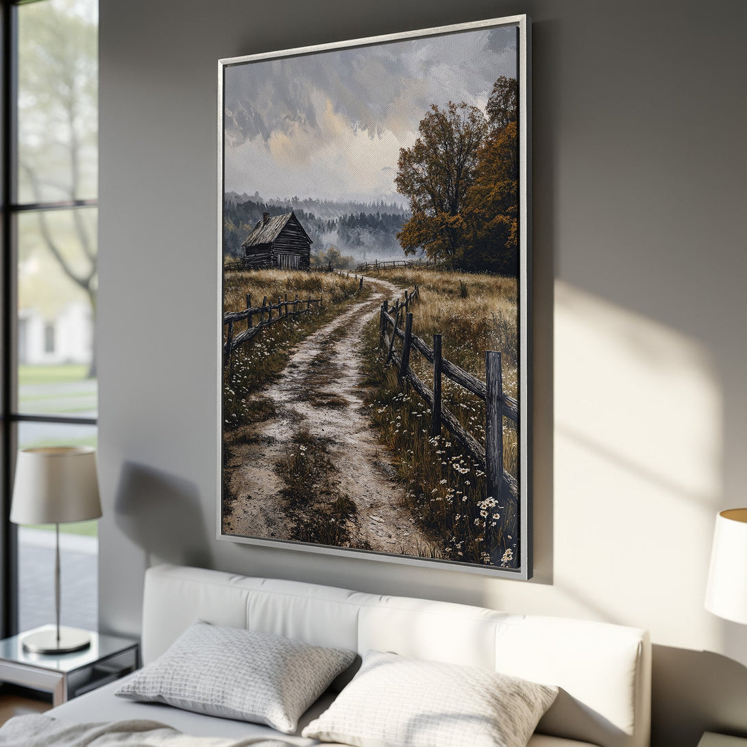 Framed Wall Art: Rustic landscape Canvas Print with a dirt road, cabin, and fall colors. Perfect for adding warmth and charm to your home decor.