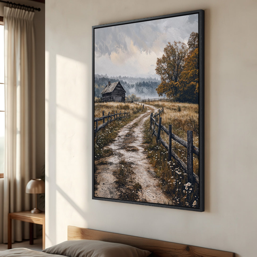 Framed Wall Art: Rustic landscape Canvas Print with a cabin and path, featuring warm earth tones and a touch of autumn colors. Perfect for cozy interiors.