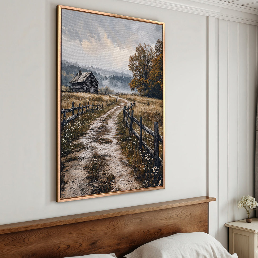 Framed Wall Art: Rustic landscape Canvas Print with a cabin, road, and fence in muted earth tones. Add a touch of nature to your home decor!