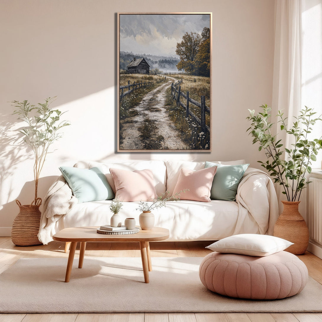Framed Wall Art: Rustic landscape Canvas Print with a cabin and path. Warm neutral color palette, perfect for cozy interiors.