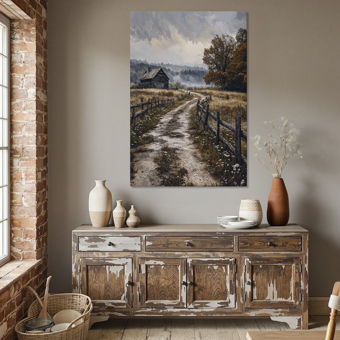 Framed Wall Art: Rustic landscape Canvas Print with a dirt road, cabin, and warm color palette. Perfect for adding a touch of nature to your home decor.