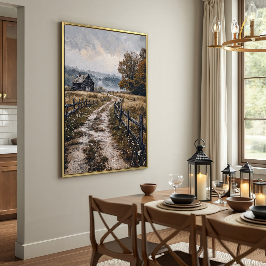 Canvas Print of a rustic cabin on a dirt road. Warm, earthy tones and a vintage aesthetic create a cozy, inviting atmosphere for your home decor.