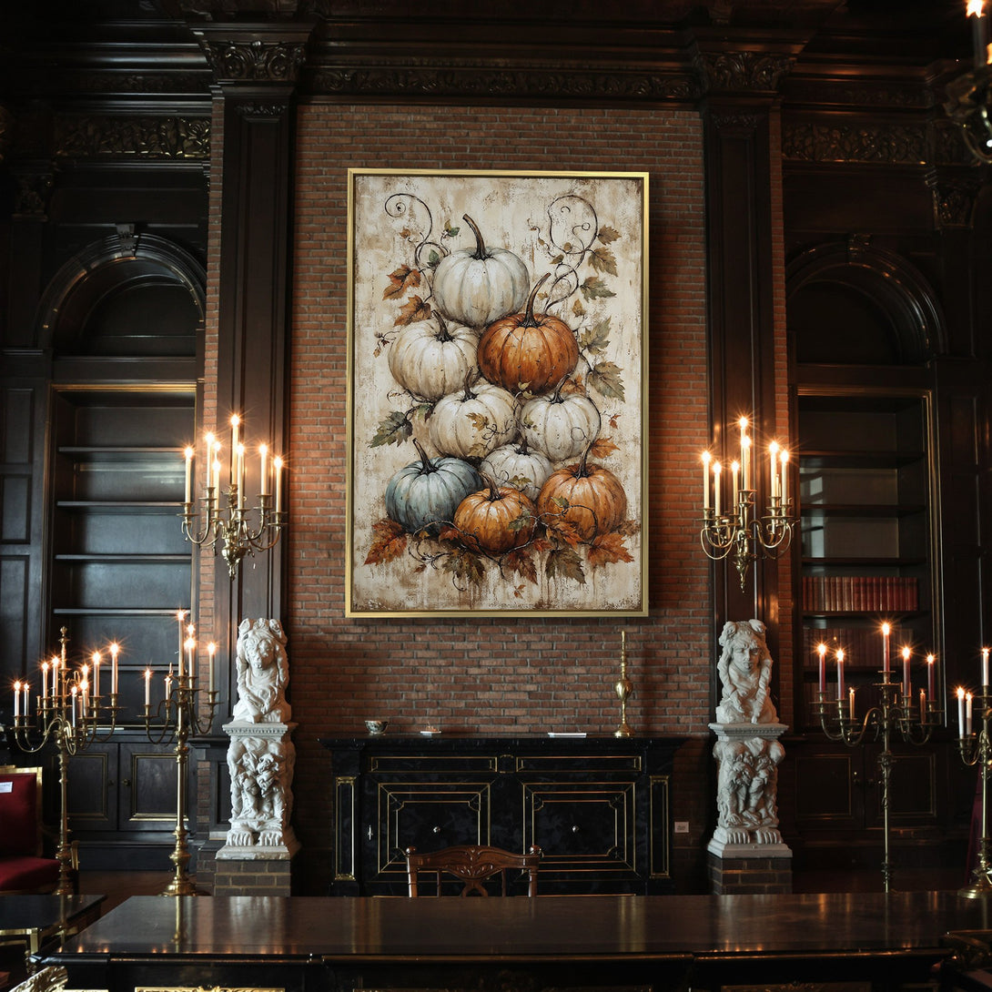 Canvas Print featuring a rustic pumpkin still life in warm orange, cream, and teal tones. Perfect fall decor!