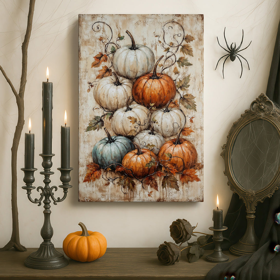 Framed Wall Art featuring a rustic pumpkin still life in warm autumn tones. Perfect fall decor for your home.