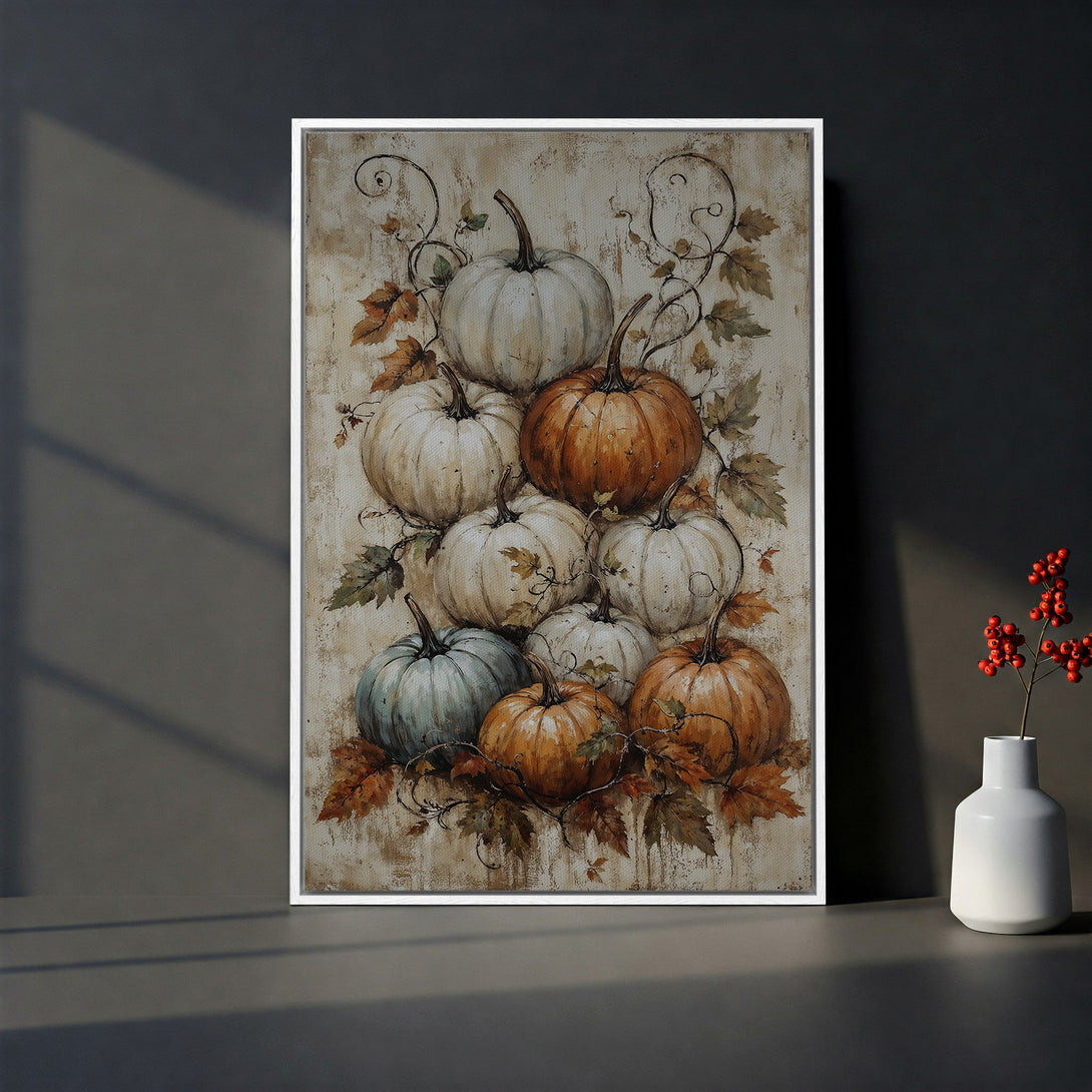Framed Wall Art featuring a fall harvest of pumpkins in warm orange, white, and green hues. Rustic style Canvas Print perfect for autumn decor.