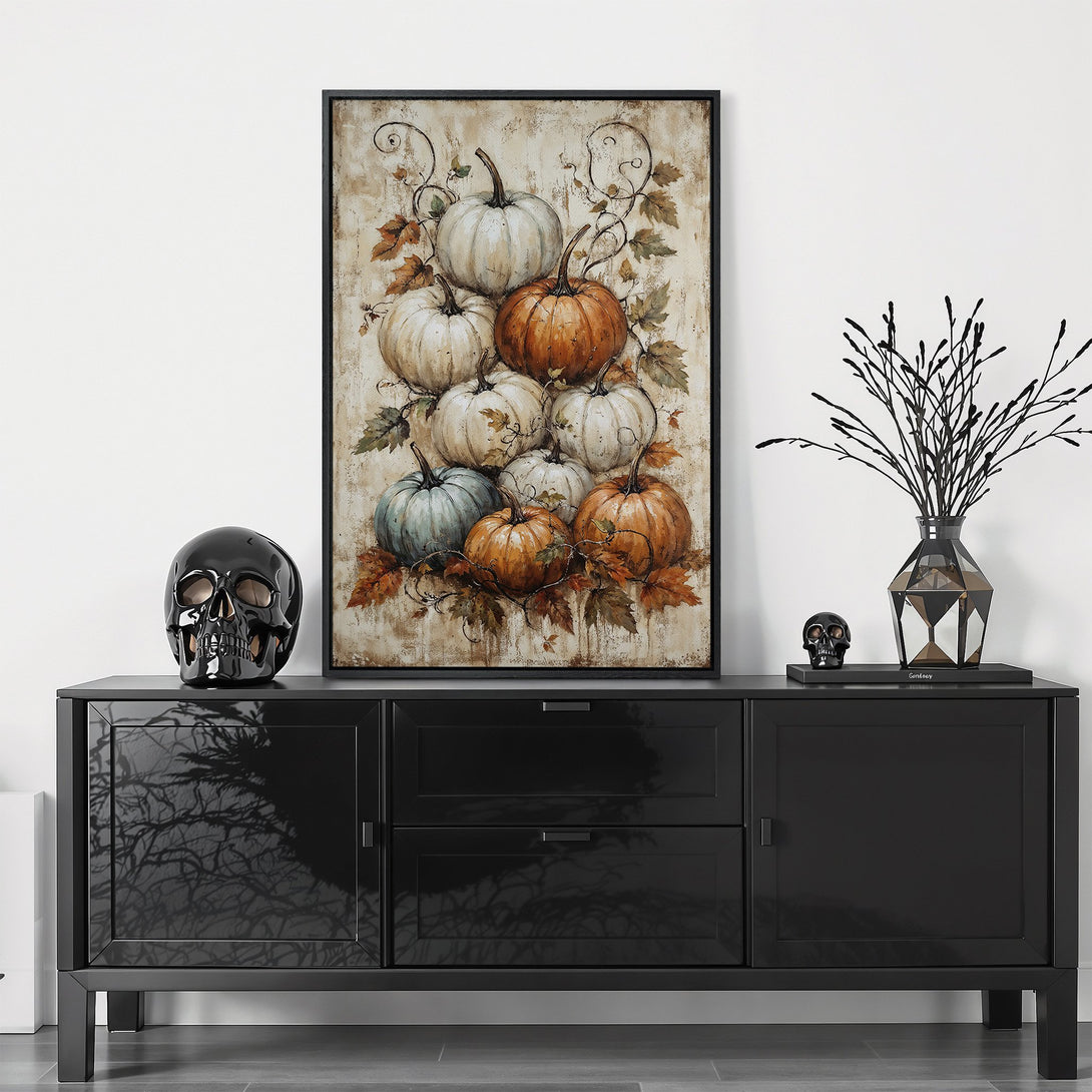 Framed Wall Art featuring a pumpkin still life in warm autumn colors, perfect for fall decor, adds cozy style to any room.