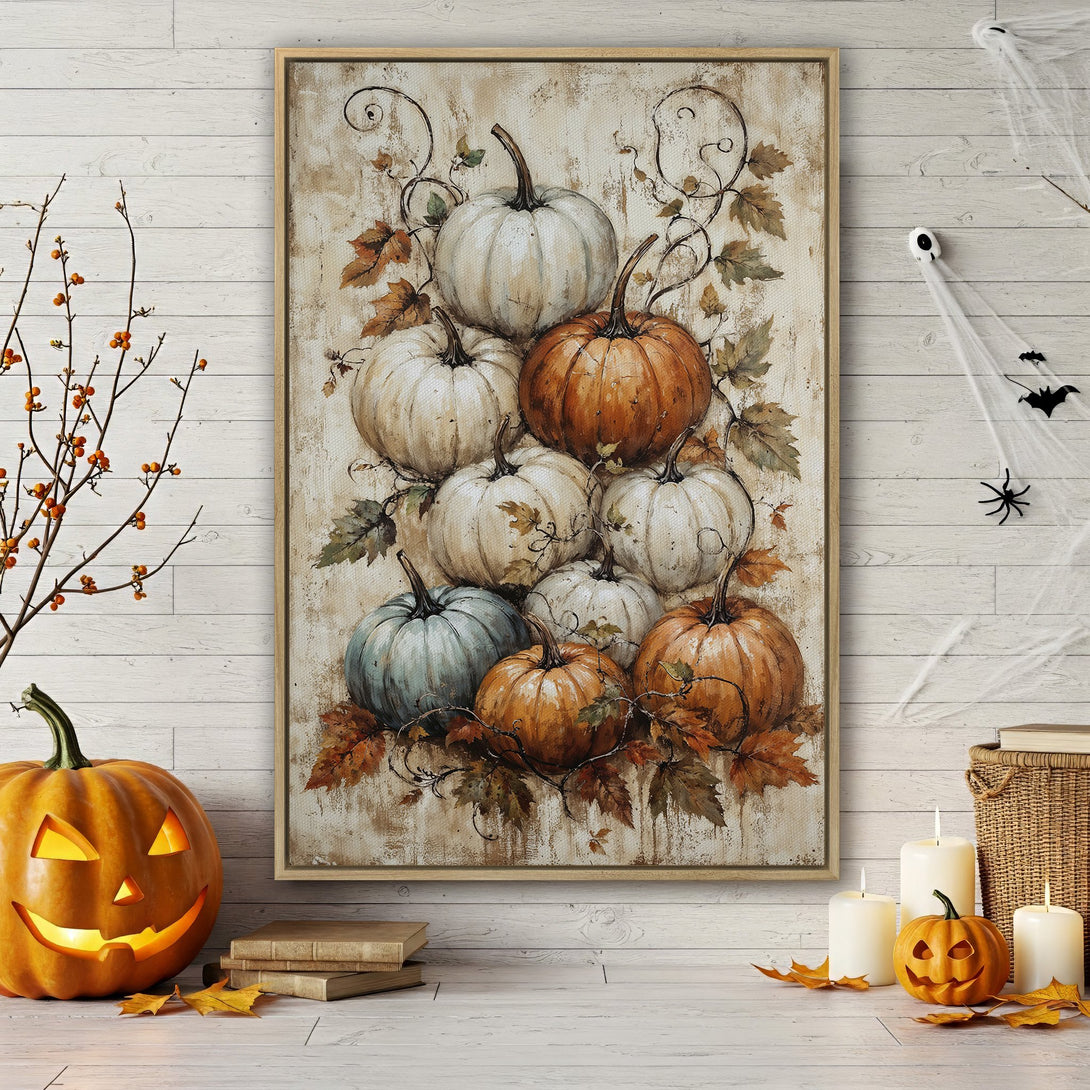 Framed Wall Art: Rustic pumpkin painting with warm orange, white, and green tones. Perfect fall decor for a cozy home. Add autumn charm to your space!