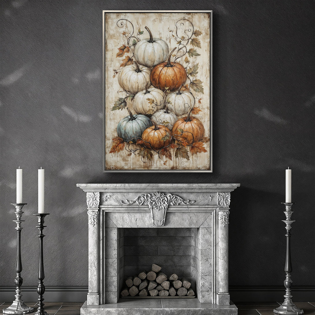 Framed Wall Art: Rustic pumpkin still life canvas print in warm orange and cream tones, perfect for fall decor.