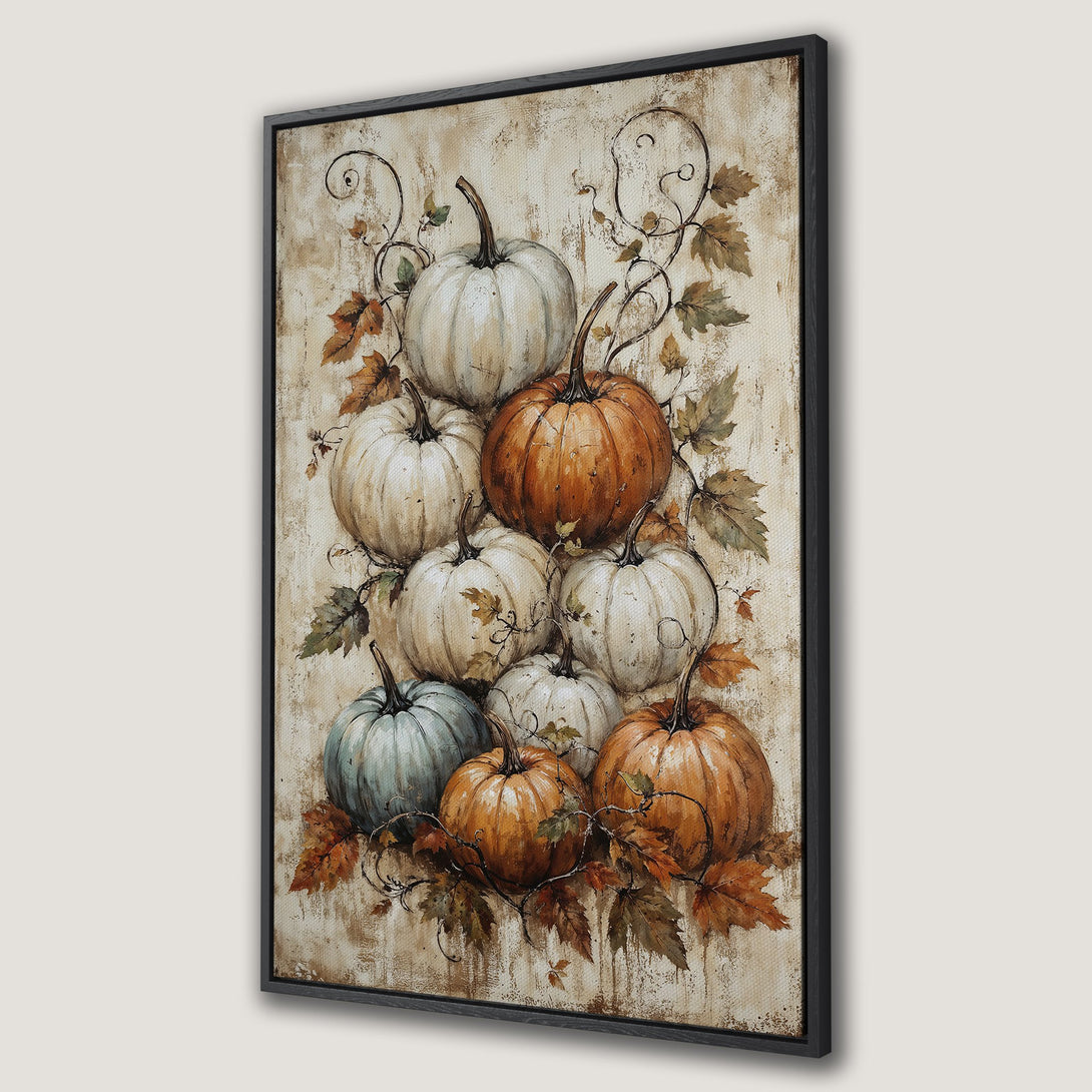Framed Wall Art: Watercolor pumpkins in warm orange, white, and teal tones with autumn leaves. Perfect fall decor for your home!
