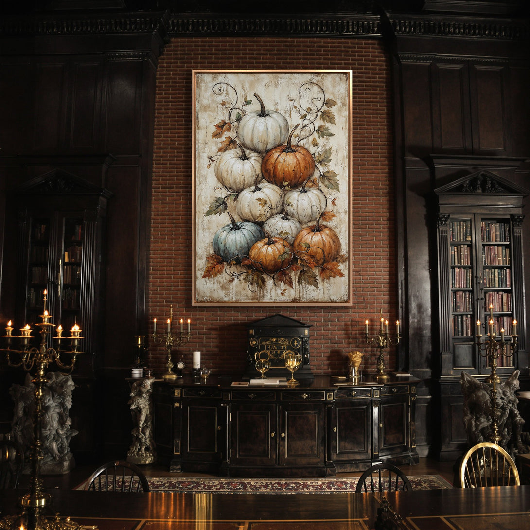 Framed Wall Art: Autumn pumpkins in a rustic style, featuring a warm color palette of orange, white, and brown. Perfect fall decor.