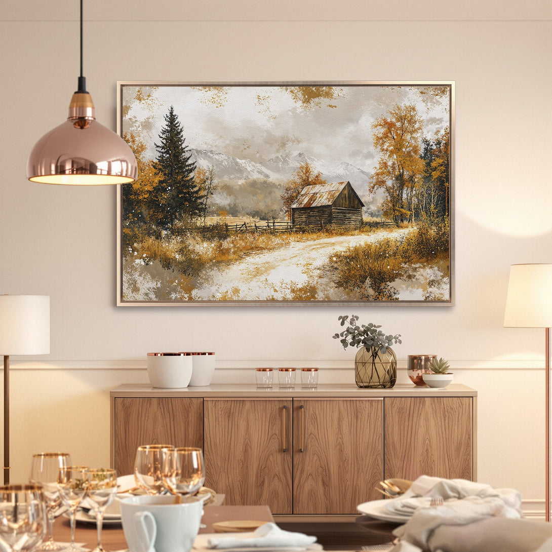 Framed Wall Art: Rustic landscape Canvas Print with warm gold, brown, and gray tones. Perfect for adding a cozy, nature-inspired touch to your home decor.