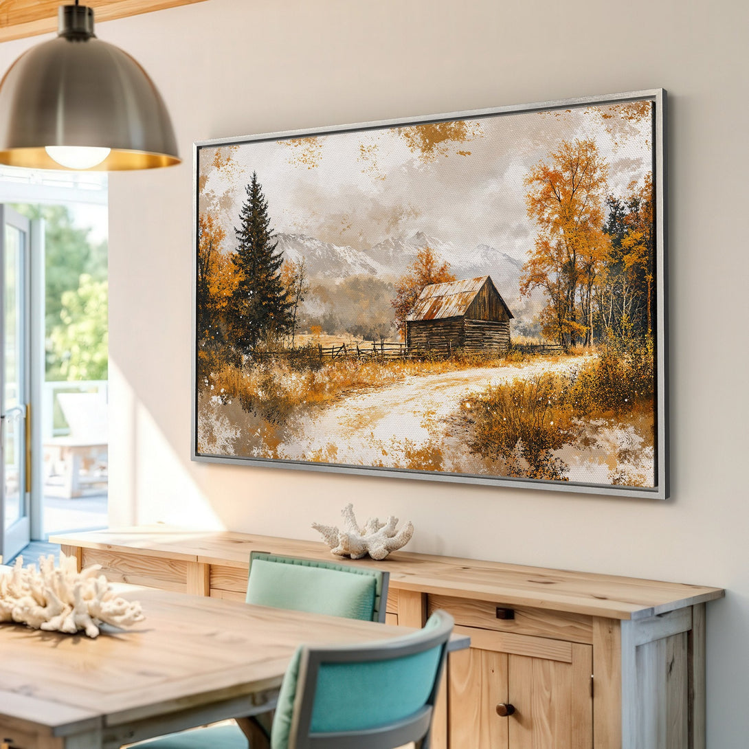 Framed Wall Art: Rustic landscape Canvas Print with cabin, mountains, and fall colors. Warm, inviting art for your home.