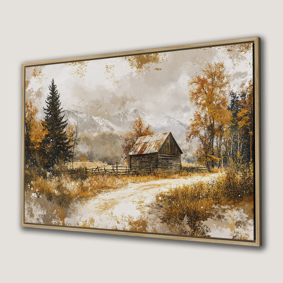 Framed Wall Art: Rustic landscape Canvas Print with a barn, mountains, and fall colors in a warm, inviting palette. Perfect for home decor.