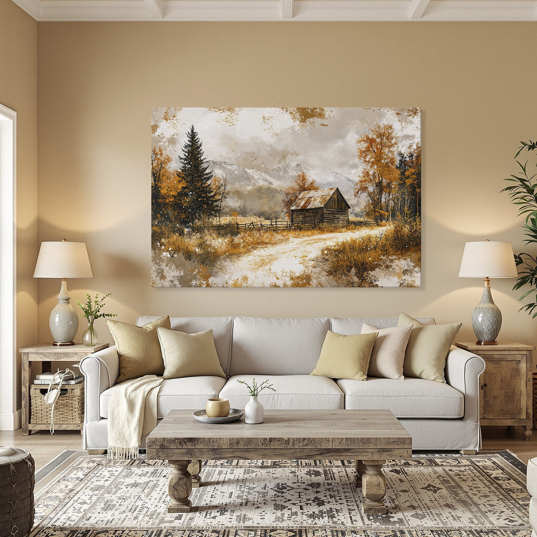 Framed Wall Art: Rustic landscape Canvas Print with warm autumn tones. Perfect for adding cozy charm to your home decor.