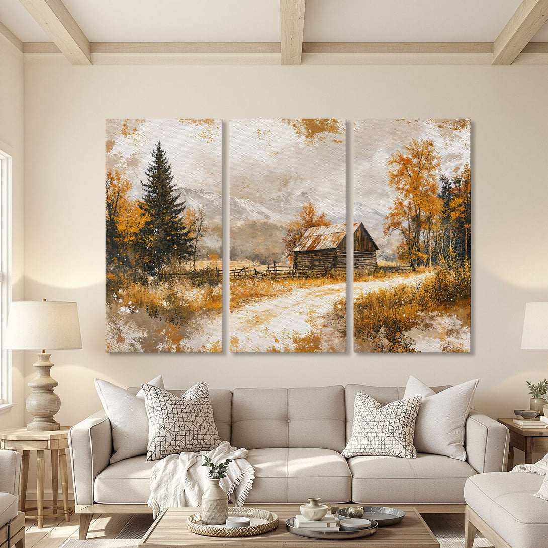 Canvas Print of a rustic landscape painting in warm autumn tones. Featuring a cabin and trees, perfect for cozy home decor.