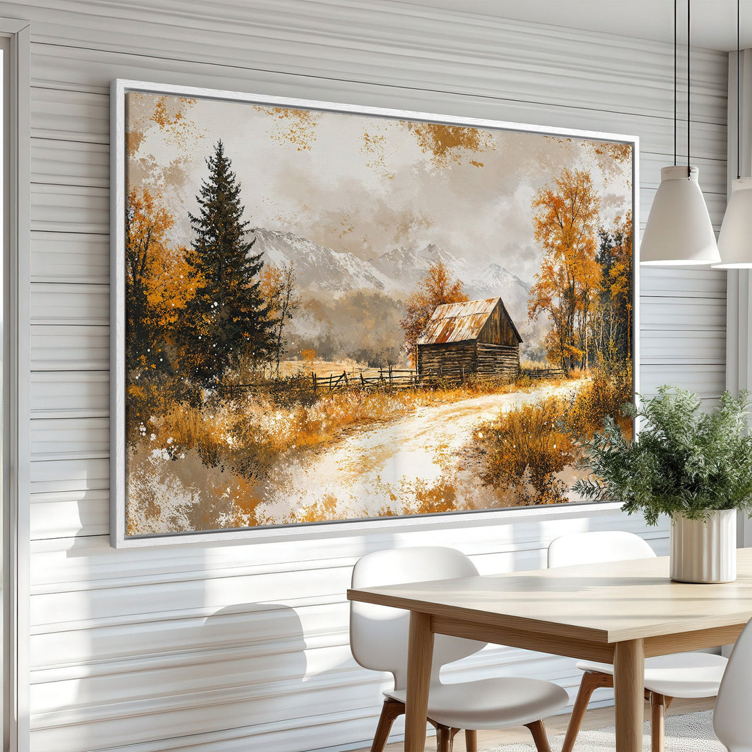 Framed Wall Art: Rustic landscape canvas print with warm gold & brown tones. Perfect for cozy interiors. Shop now!