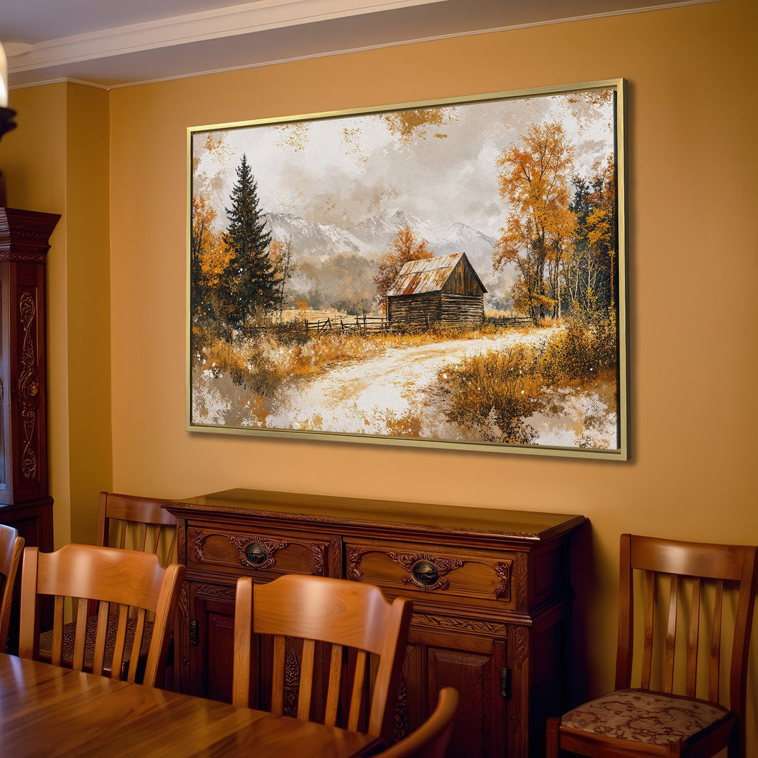 Canvas Print of a rustic cabin landscape in warm, earthy tones. Perfect for adding cozy charm to your living room.