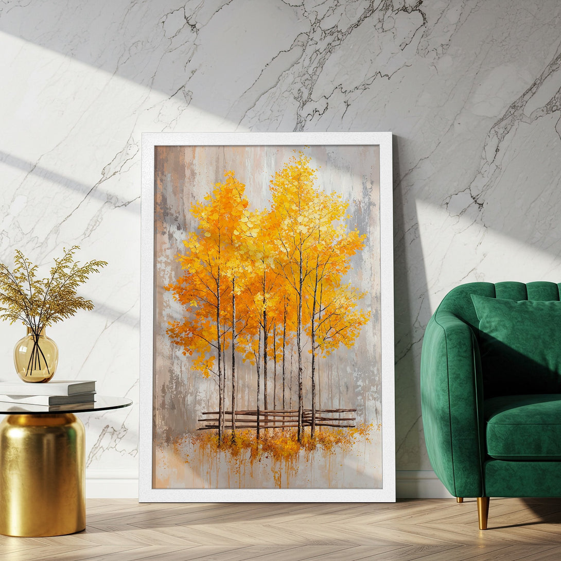 Framed Poster of autumn trees in yellow and brown hues. Perfect wall art for a cozy home.