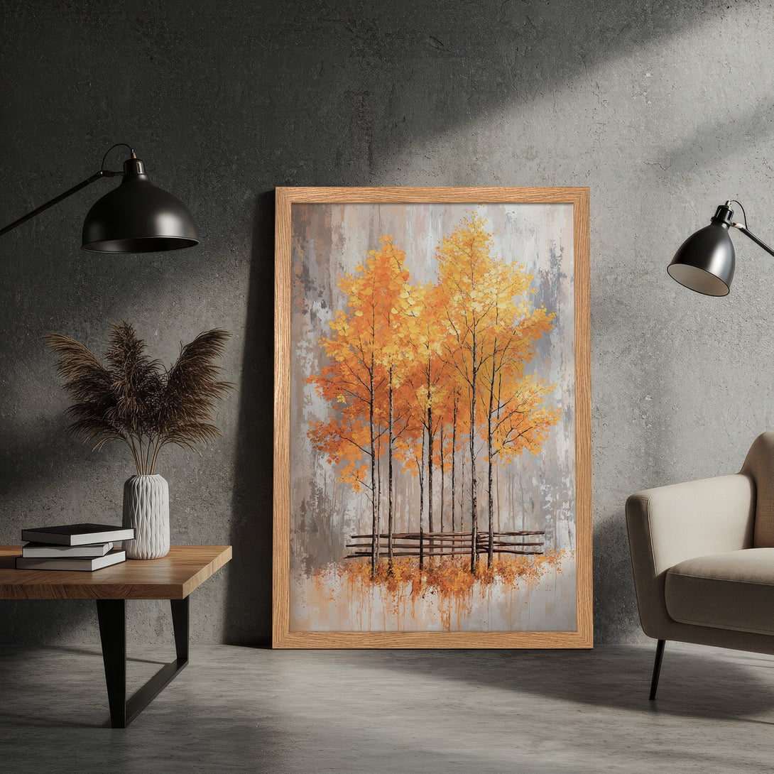 Framed Poster of fall trees in warm orange and gray tones, perfect for adding a touch of nature-inspired art to your home decor.